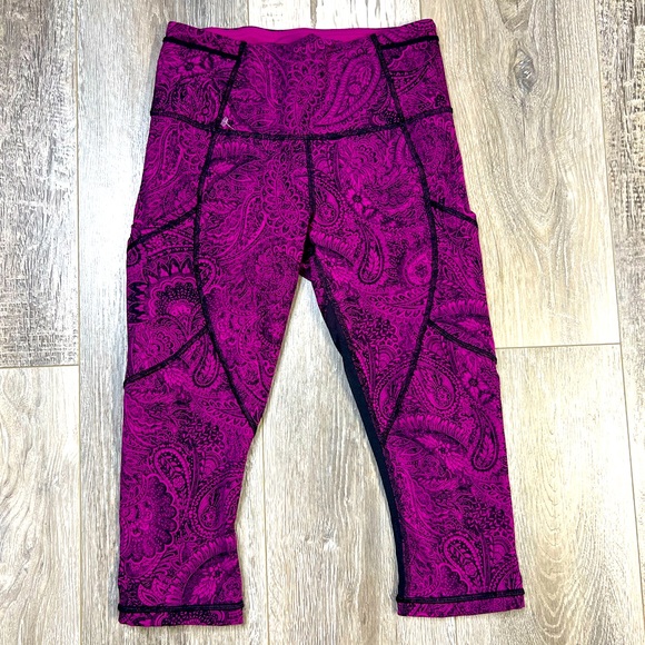 Lululemon Women’s Outrun Crop Leggings Paisley Fuchsia Pockets Mesh Size… - Picture 4 of 14